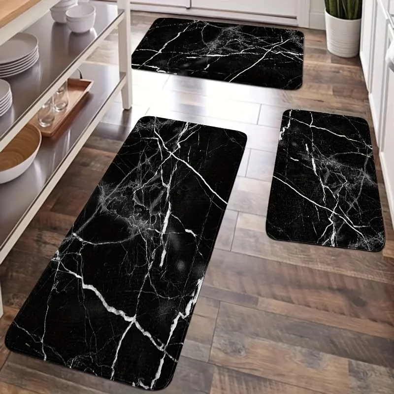 Black Marble Kitchen MATS, Decorative Carpets, Anti-Slip, Soft, for Bedroom, Living Room, Dining Room Carpets, Kitchen, Bathroom