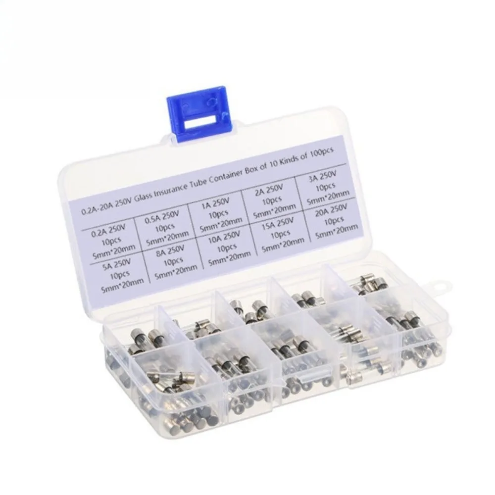 100Pcs 10 Values 5x20mm Fast Blow Fuse Assortment Kit 0 2A to 20A Glass Fuse Set with Plastic Storage Case for Electronics Repai