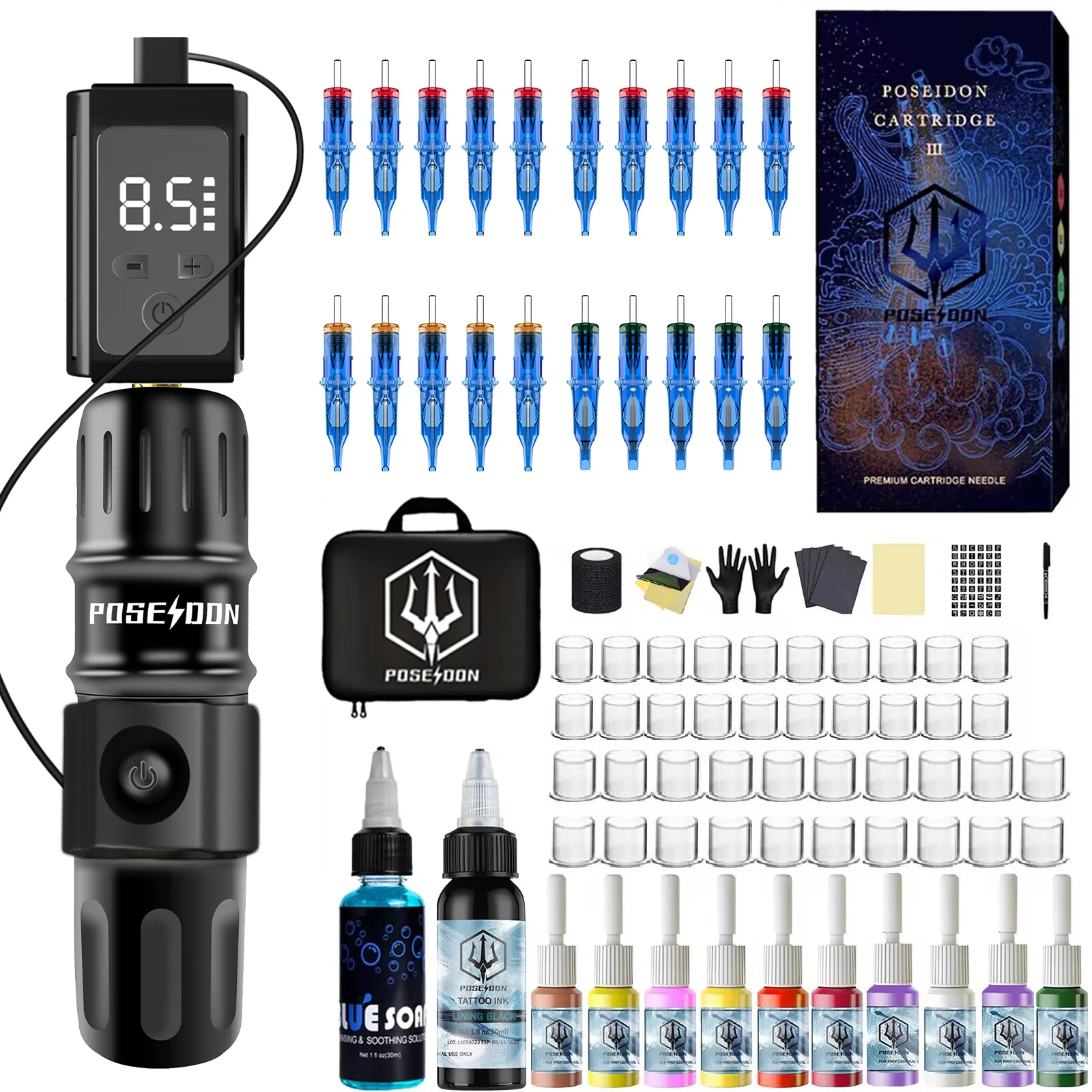 

Tattoo Kit POSEIDON Finger ontrolled Tattoo Pen Kit For Permanent Makeup Tattoo Machine Kit New High Power Supply Tattoo Gun Kit