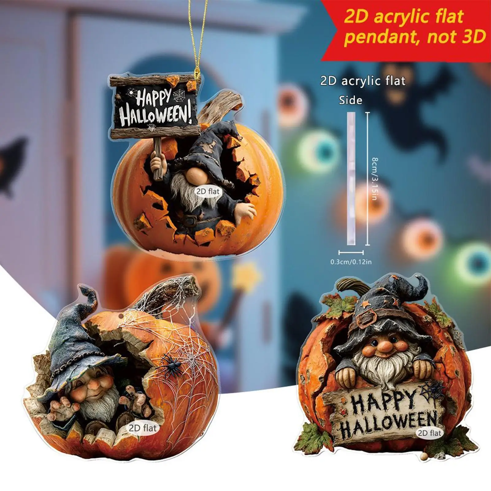 

Halloween Pendant 2D Flat Acrylic Gnome Pumpkin Ornament Car Mirror Backpacks Hanging Pendant For Halloween Home Decor