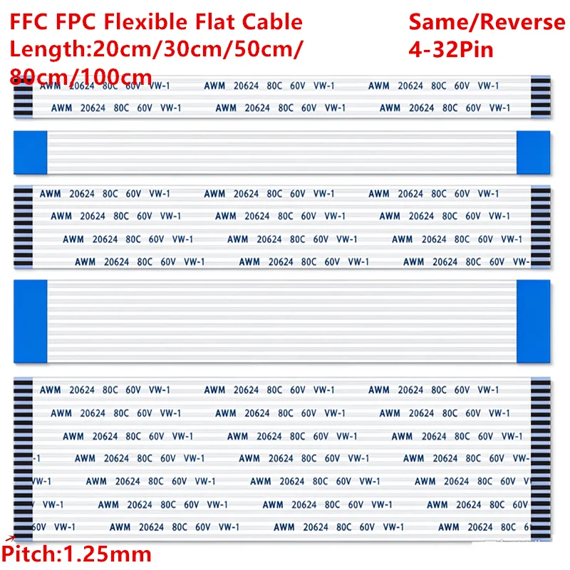 2Pcs 20/30/50/80/100CM FPC FFC Flexible Flat Cable 1.25mm Pitch AWM 20624 80C 60V VW-1 4P/5/6/8/10/12/14/16/18/20/22/24/30/32Pin