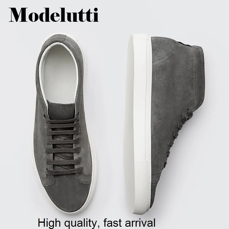 Spring 2023 New Autumn Genuine Leather Lacing High Top Flat Sneakers All-match Solid Color Simple Casual Shoes Male