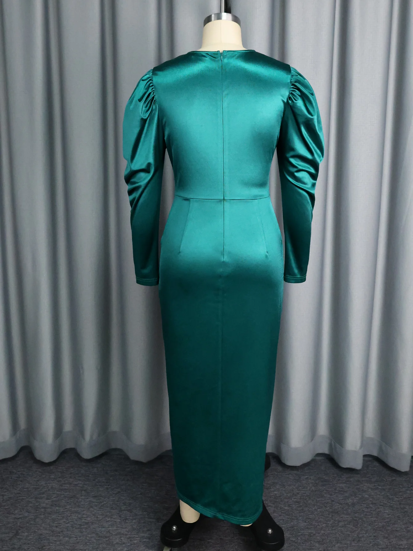 Abito lungo in raso con scollo a V alla moda, maniche a sbuffo, bottoni asimmetrici, spacco, autunno, aderente, abiti da cerimonia per invitati al matrimonio