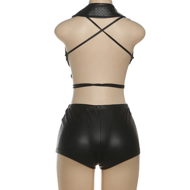 PU Leer 2-delige set Y2K Sexy Kraagvorm V-hals Lace Up Backless Halter Tank Tops + Shorts Clubwear Vrouwen Slanke Pakken