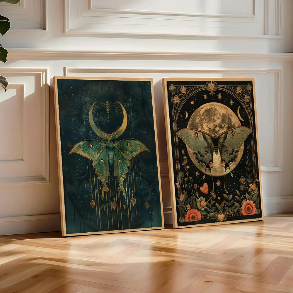 2pcs Luna Moth Canvas Art Prints - Mystical Fairycore Wall Decor with Crescent Moon & Floral Design Perfect for Home Decor Gift