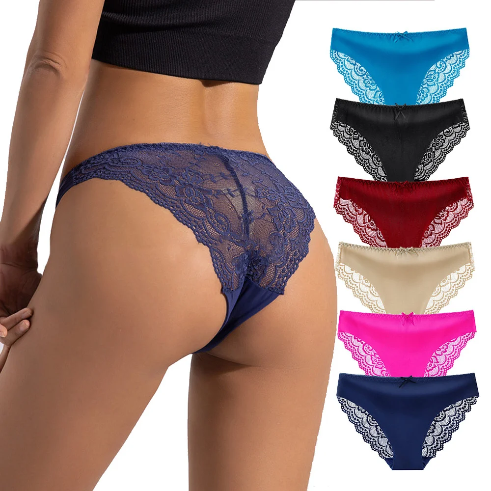 6PCS Women's Lace Panties Solid Color Transparent Underwear Sexy Intimate Girl Lingerie Breathable Briefs Soft Comfortable Panty