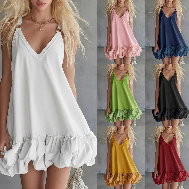 2026 Neues Schulterfreies Kleid Elegantes Damen-Freizeitkleid in Unifarbe mit V-Ausschnitt und Rüschen-Minirock im Street-Style für den Sommer