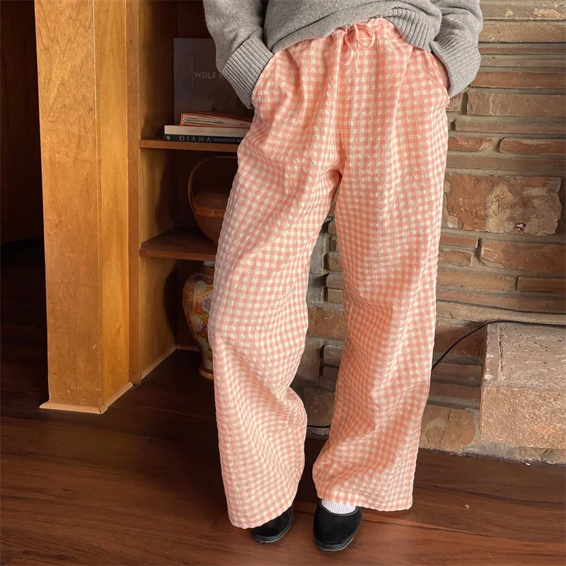 y2k Lounge Pants 2000s Clothes Women Plaid Print Drawstring High Waist Loose Trousers with Pockets 2000s Clothing Streetwear