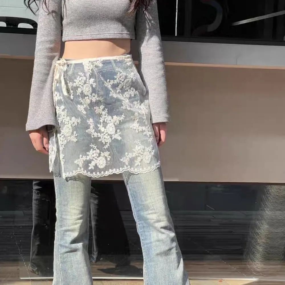 Mezza gonna in pizzo dolce tutto abbinato Gonna in garza a vita alta con ricamo floreale Minigonna Y2K con lacci per ragazze