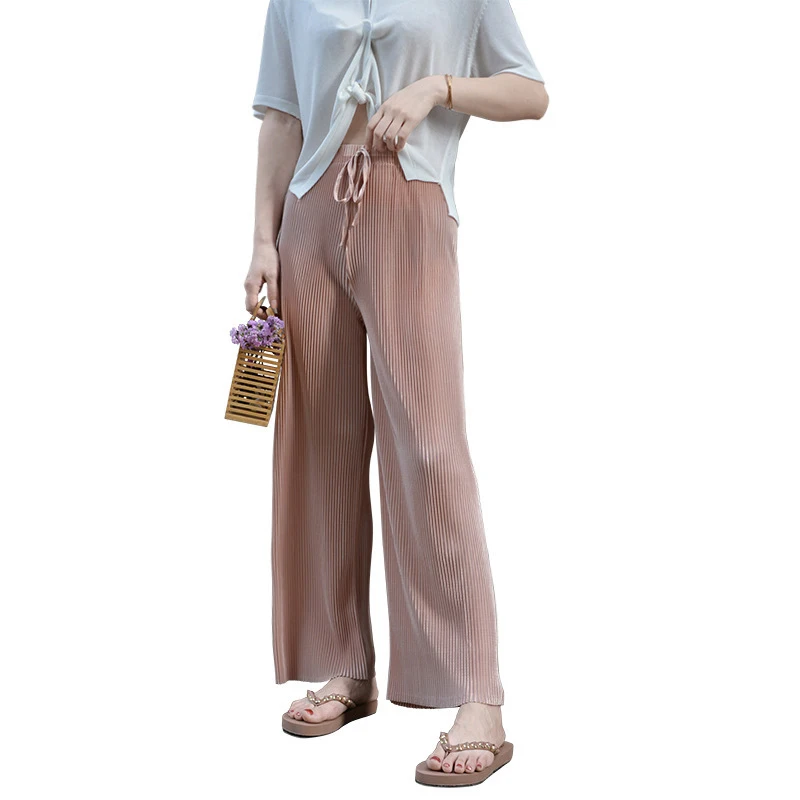 Summer Wide Leg Pants For Women Casual Elastic High Waist 2023 New Fashion Loose Long Pants Pleated Pant Trousers Femme