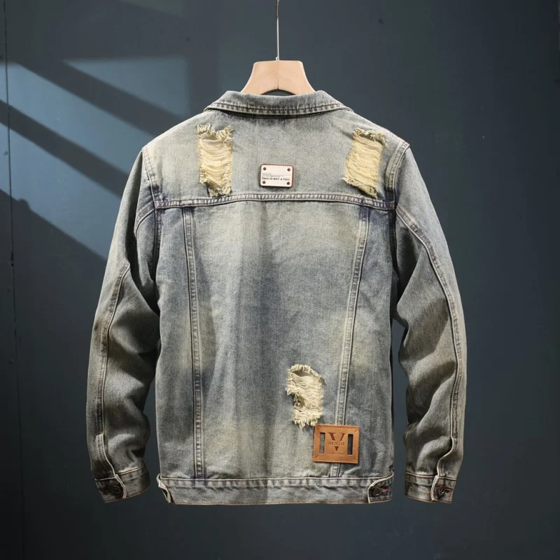 

2024 Spring and Autumn New Retro Tattered Jeans Denim Coat Men's Street Fashion Nostalgic American Motorcycle Jacket