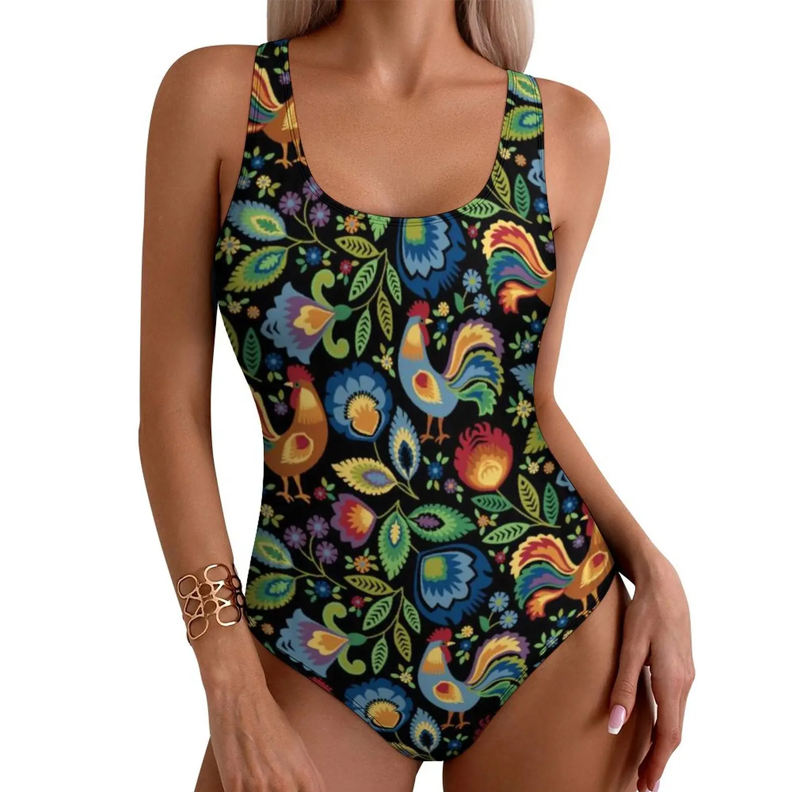 

Pretty Chicken Swimsuit Folk Roosters Leaf Print Push Up Swimwear One Piece Rave Bathing Suits Bodysuit Sexy Graphic Beach Wear