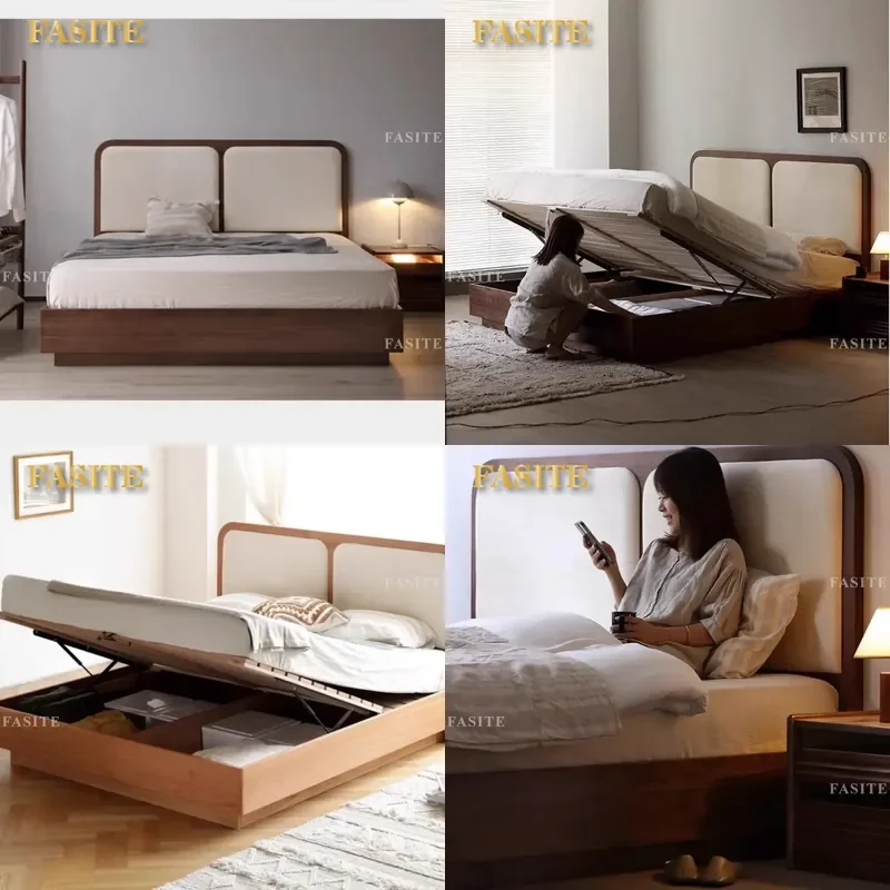 For 1.8m Nordic Black Walnut Solid Wood Bed Modern Cherry Wood Air Pressure High Box Storage Simple Master Bedroom Furniture