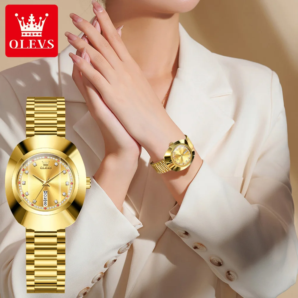 OLEVS-reloj de cuarzo dorado de lujo para mujer, cronógrafo de acero de tungsteno, resistente al agua, con calendario, a la moda, nuevo