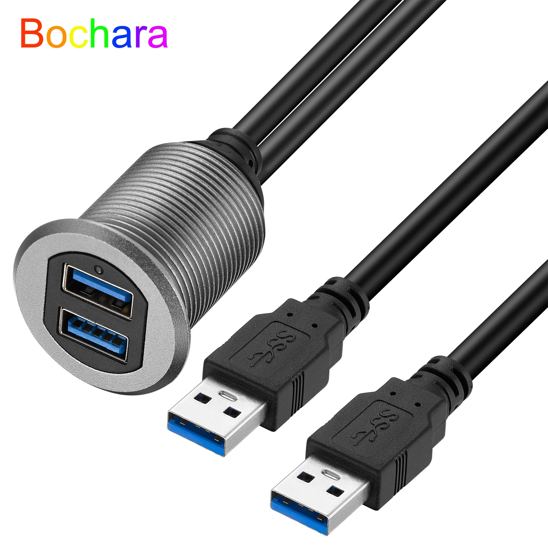 Bochara Flush Mount Panel Dual USB3.0 USB2.0 Male to Female Extension Cable With Indicator Light Aluminum Alloy Shell For Car 1m