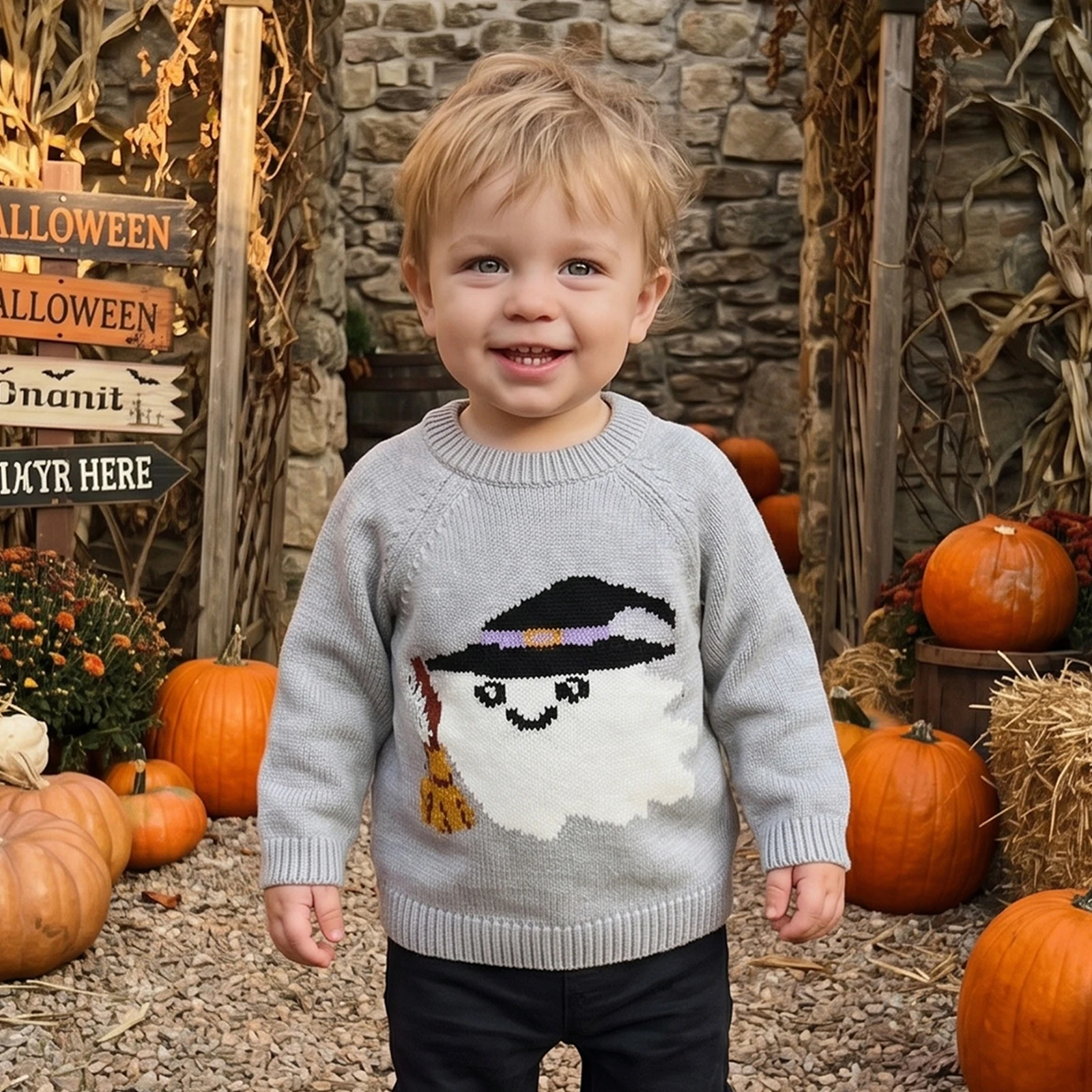 2027 Halloween Baby Boys Chunky Sweater Autumn Cute Ghost Pattern Crew Neck Infant Pullover Knitwear for Toddler Warm Clothes