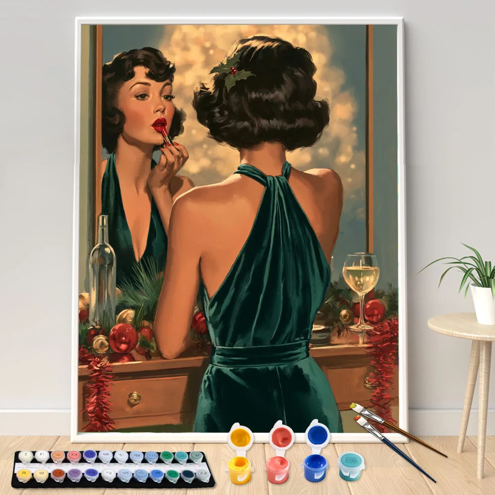 Digital Acrylic Painting Kit DIY Red Lips in the Mirror Art Canvas Hand Painted Home Decor Personalized Surprise Gift