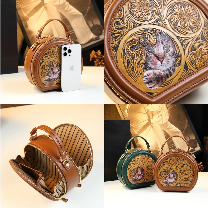 Luxury Fashion Genuine Leather Women\'s Handbags Carving Ladies Small Shoulder Crossbody Bag Portable Round Bags 2024 New