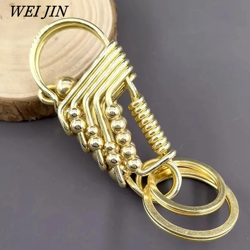 Handmade Brass Keychains Multi Wire Car Key Ring, Engraved Divine Beast Round Bead, Outdoor Mechanical Style Men Gift Trinket