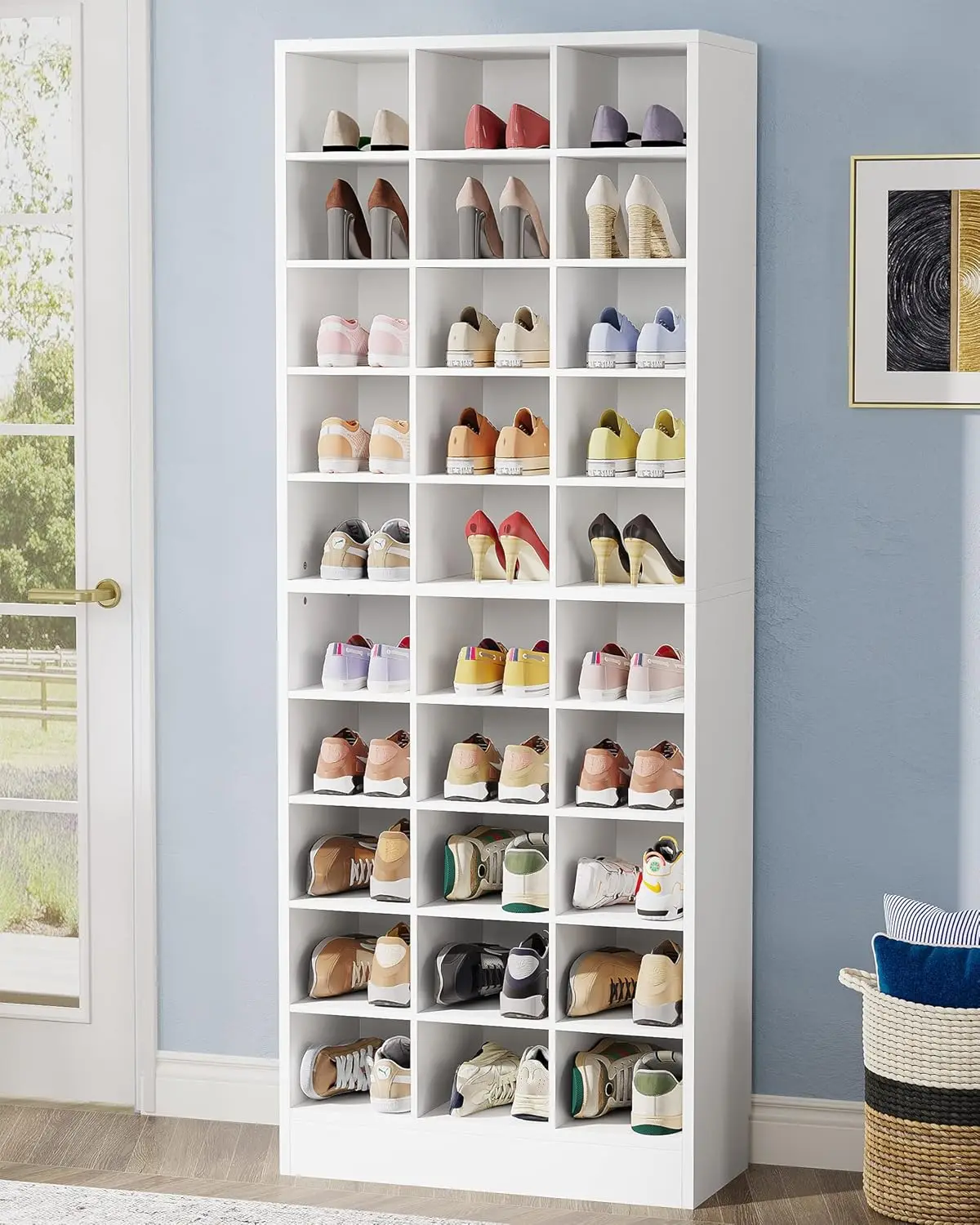 10-Tier Shoe Storage Cabinet, White Wooden Shoe Rack with 30 Cubbies, Freestanding Tall Entryway Shoe Organizer