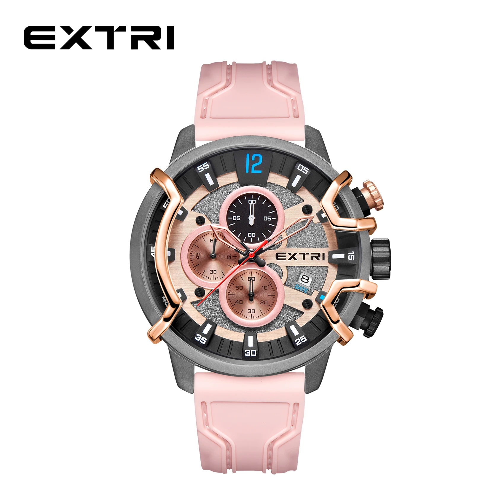 Extri New Design Stainless Steel Matt Finish Case Big Case Men Multifunction Sport Pink Color Unisex Men Watches