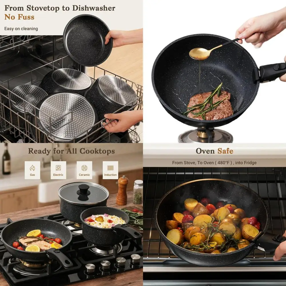 

Набор из 15 предметов: антипригарные кастрюли и сковороды со съемными ручками, совместимые с индукционными плитами и для использования в автодомах, подходят для духовки, штабелируемые, черные.