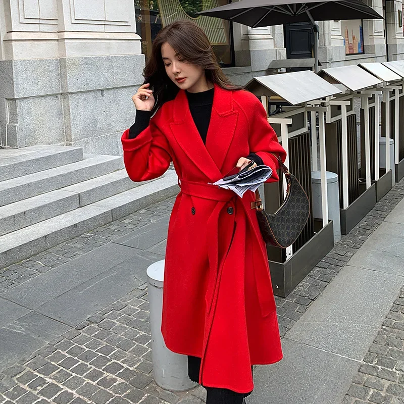 

LIBIELIY Ladies' 100% Cashmere Thick Double-sided Long Jacket With Water Ripple Classic Multifunctional Fashion Suitable For Bus