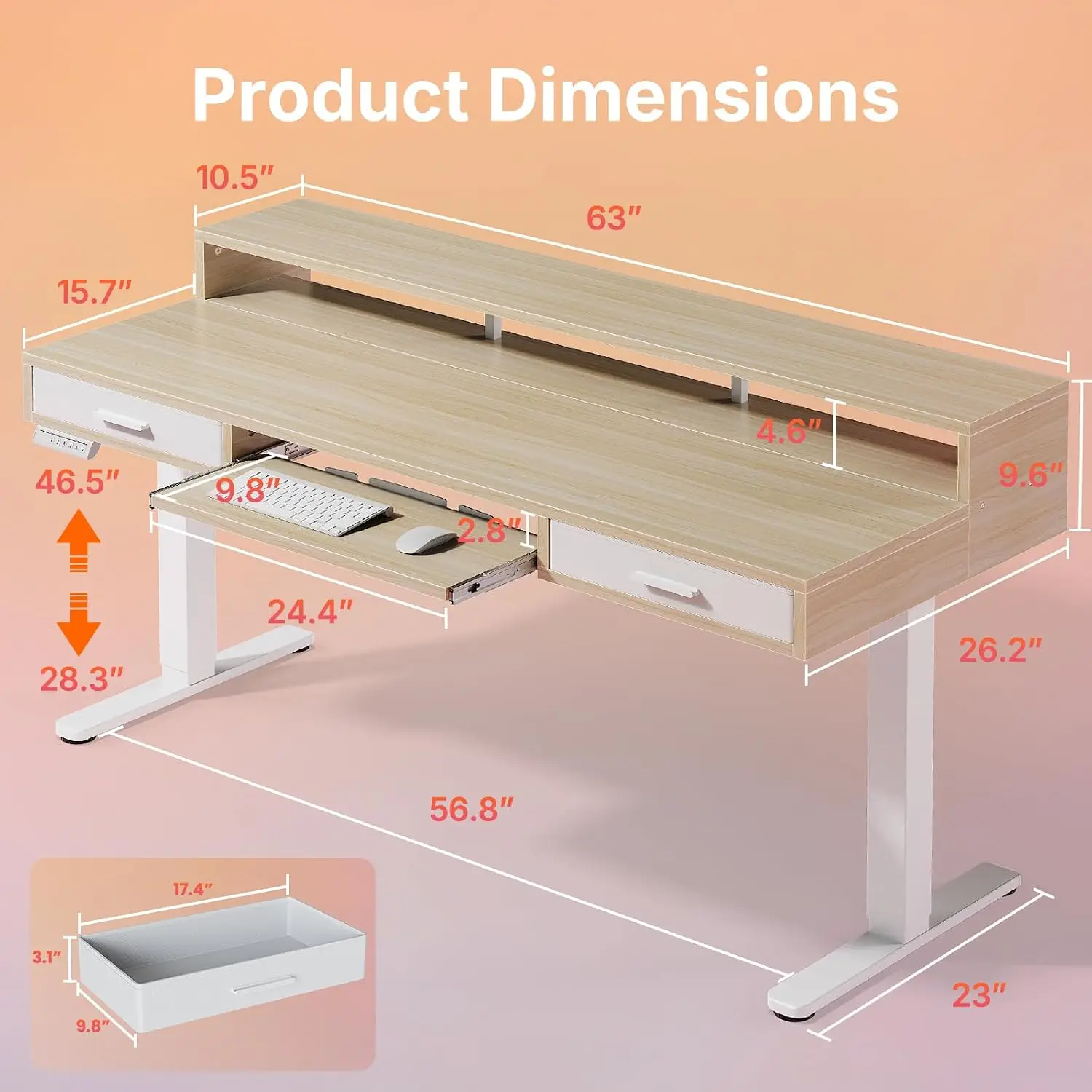 Standing Desk With Drawers & Keyboard Tray, C-Clamp Mount Adjustable Desk, 4 Height Presets, 63x26 Inch, Walnut, Customized