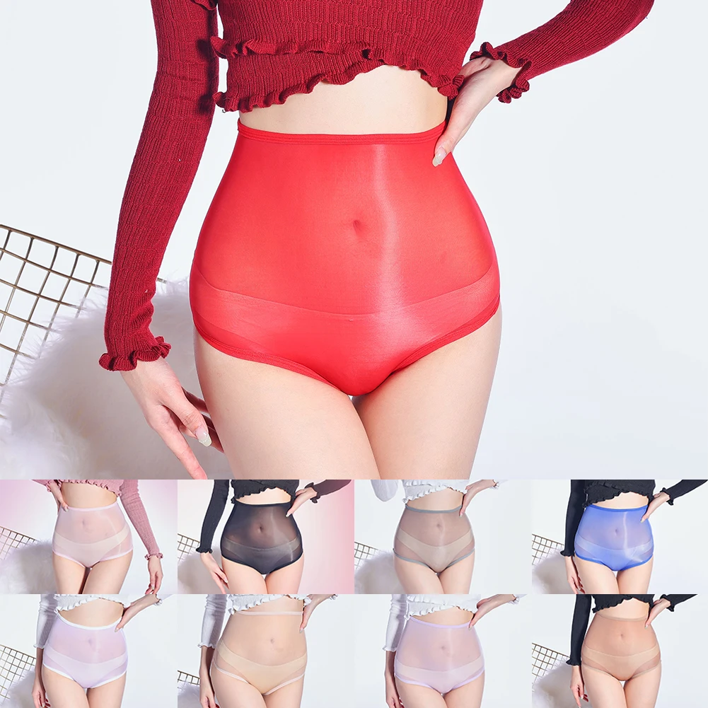 Women Oil Shiny Glossy Underwear Sheer Underpant Knickers High Waist Sexy Briefs Ultra Thin Perspective Seductive Women's Pants