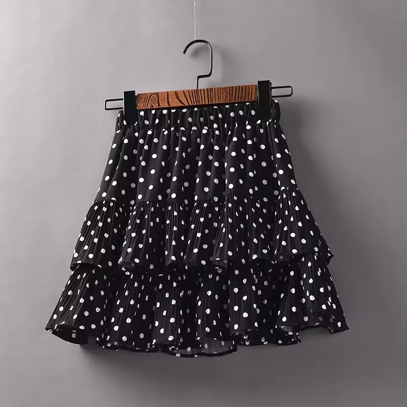 Chiffon Short Skirt Black White Polka Dot A-line High Waist Summer Beach Holiday Ruffles Puffy Mini Skirt Casual mujer faldas