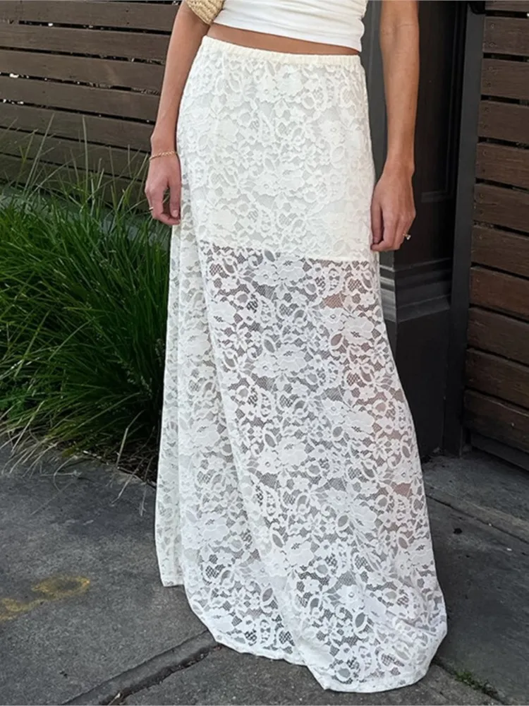 

Women's Clothing Sexy Skirts Lace Hollow Out See-through Skirt High-waisted A-line Skirt Simple Style All-match Temperament Slim