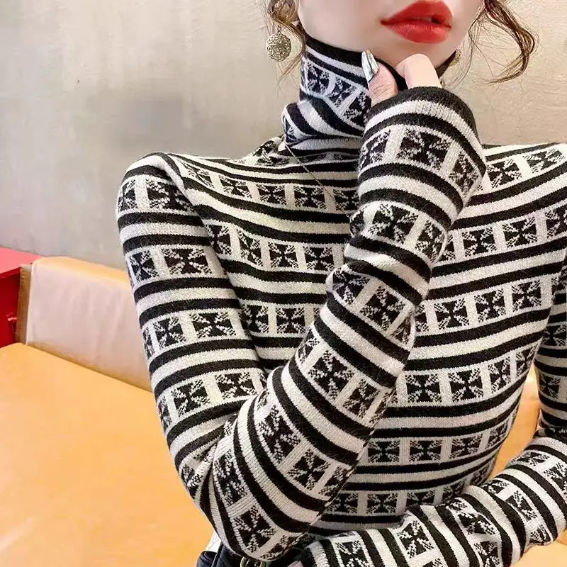 Women Clothing Elegant Fashion Slim Knit Pullover Autumn Casual All-match Long Sleeve Turtleneck Sweater Office Lady Striped Top