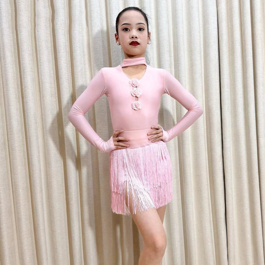 

Детский костюм для латинских танцев, розовые платья с бахромой для латинских танцев для девочек, детская танцевальная одежда для сальсы, самбы, румбы, SL11518