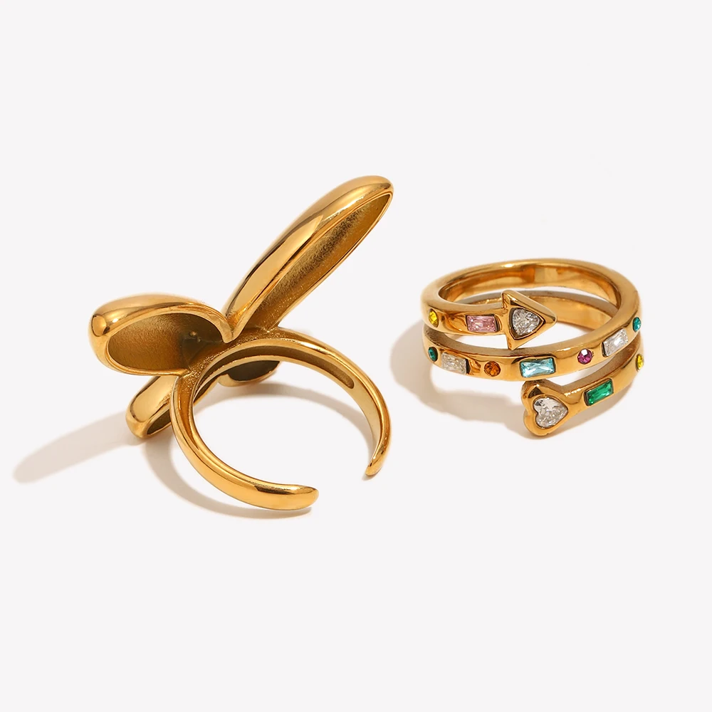 E.B.belle Smooth Butterfly Micro Inlaid Bow Love Side Punk Geometry Rivet Three layer Heart Arrow Zircon Stainless Steel Ring