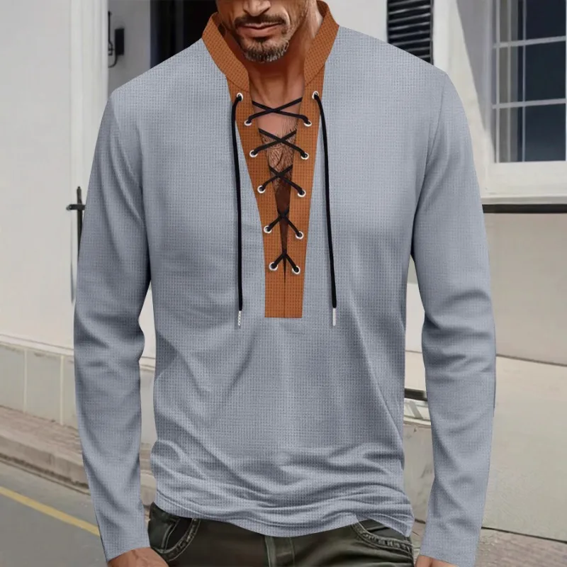 Men's Light Gray Waffle Knit Long Sleeve Shirt with Brown Lace-Up Contrast Panel