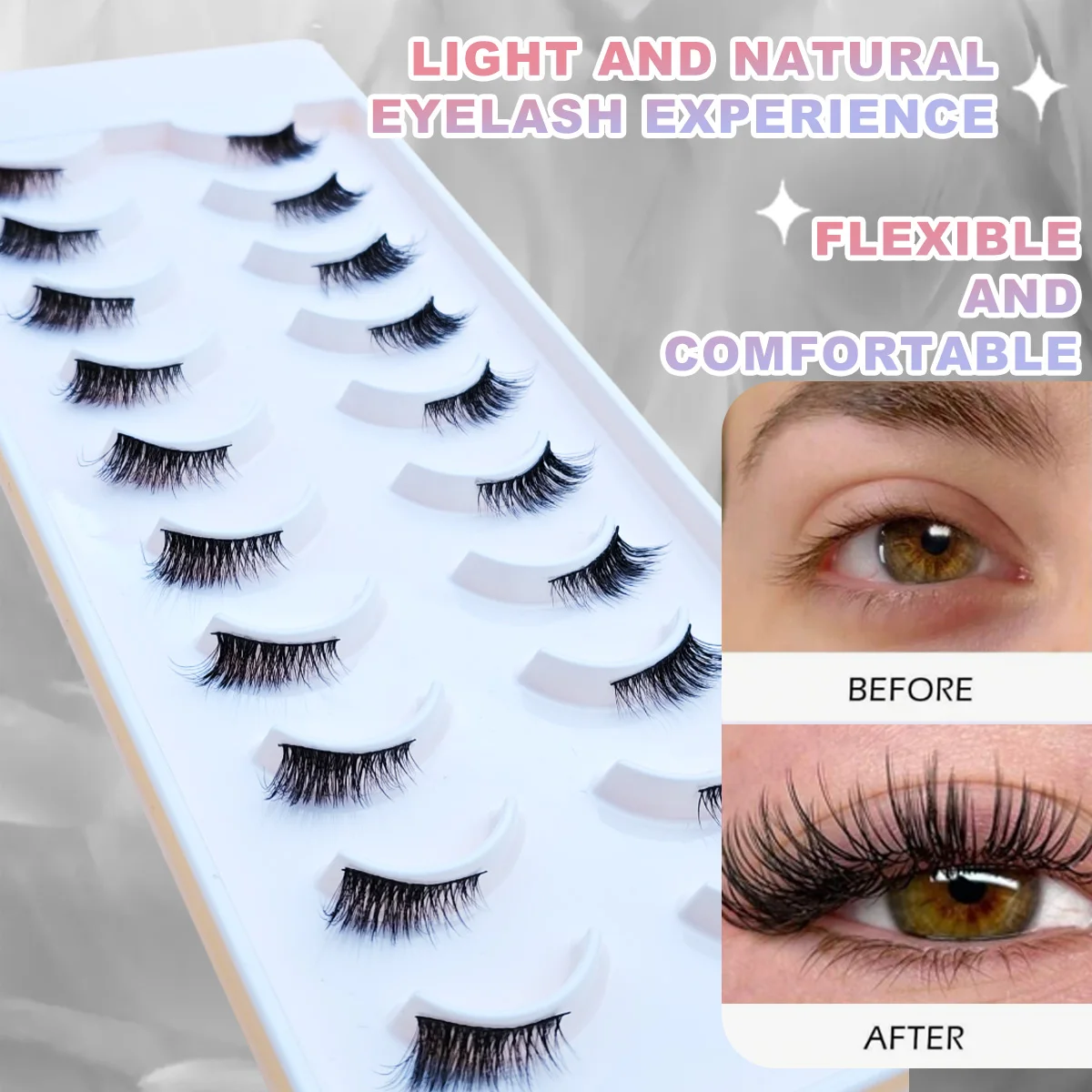 10 Paar halb natürliche Katzenaugen-Wimpern, C-Locken, kurze falsche Wimpern, dünneres Band, 3D-Volumen-Wimpern, natürlicher Look