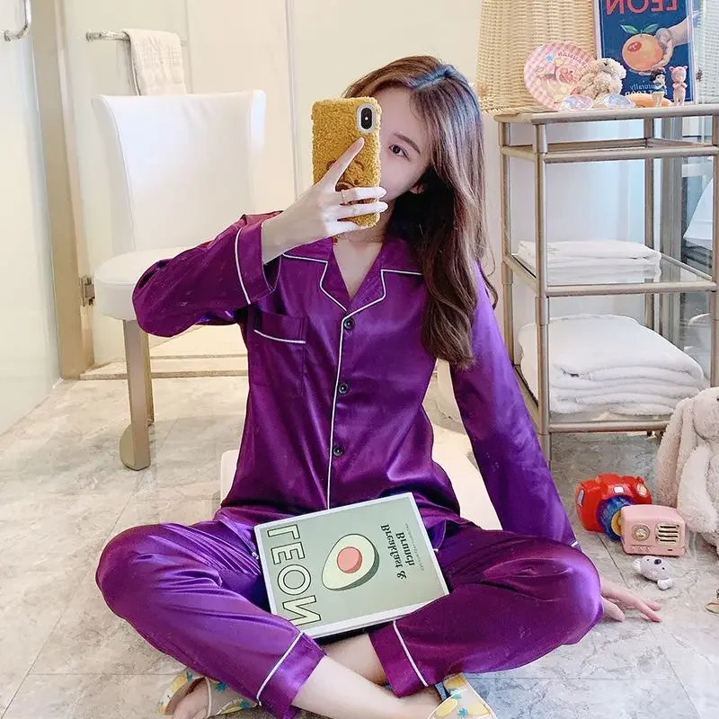 2024 New Spring Autumn Ice Silk Pajamas Women's Thin Long-sleeved Couples' Loungewear Men's Loose Large-size Sleepwear Suits