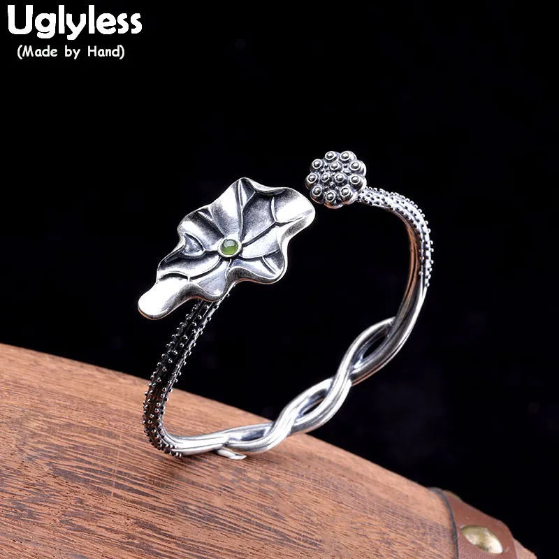 

Uglyless Real Thai Silver Vintage Lotus Leaves Open Bangles Women Ethnic Entangled Open Bangles Jasper Jewelry 925 Silver BA680