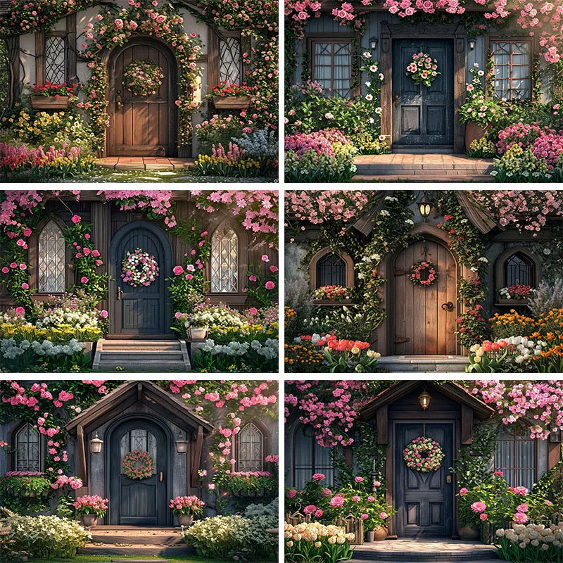 

Spring Photography Backgrounds Garden Cabin Door Porch Flowers Decoration Children Adult Portrait Photo Backdrops Studio Props