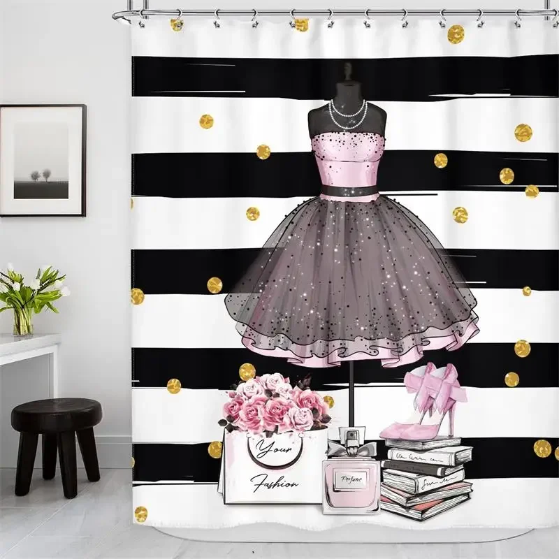 Fashion Perfume Shower Curtains Modern Magazine Books Black White Striped Pink Flowers for Girl Bathroom Decor Polyester Fabric