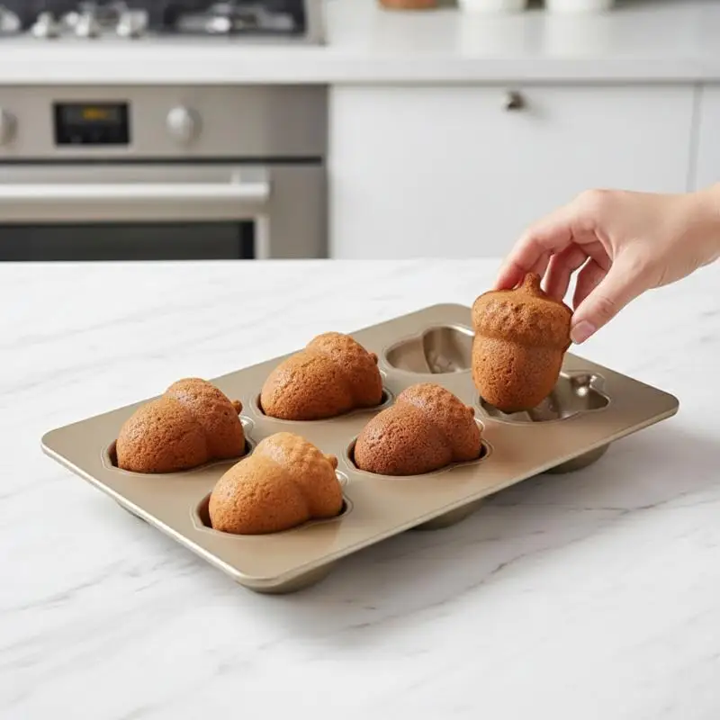 Carbon Steel Acorn Cake Baking Tray 6 Cavity Mold Easy Release Non Stick Pan for Oven Home Bakery Kitchen Use