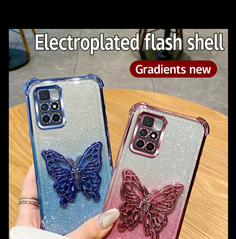 For Xiaomi Redmi 10 Prime 4G 2021 2022 Phone Case Sparkling Sticker Butterfly Holder Anti Drop Cover For Redmi 10 4G Coque