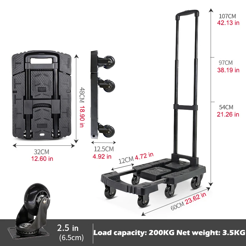 Folding Hand Cart Load Capacity 200KG With Wheels Portable Flatbed Truck For Shopping Carrying Workshop Work Household Tools