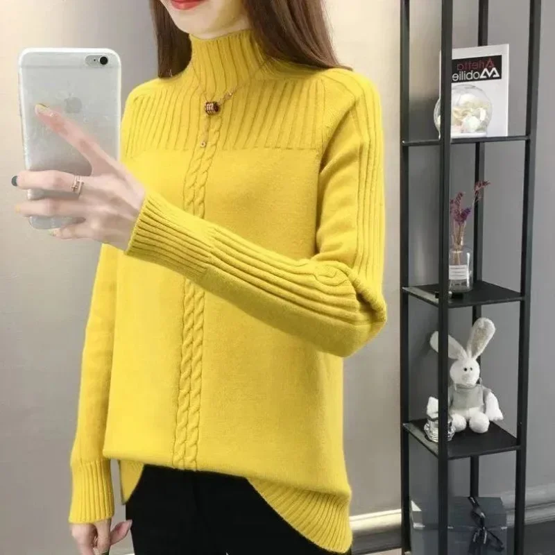 Autumn and Winter Women's Pullover High Neck Long Sleeve Solid Color Patch Screw Thread Loose Knitted Fashion Casual Tops V783