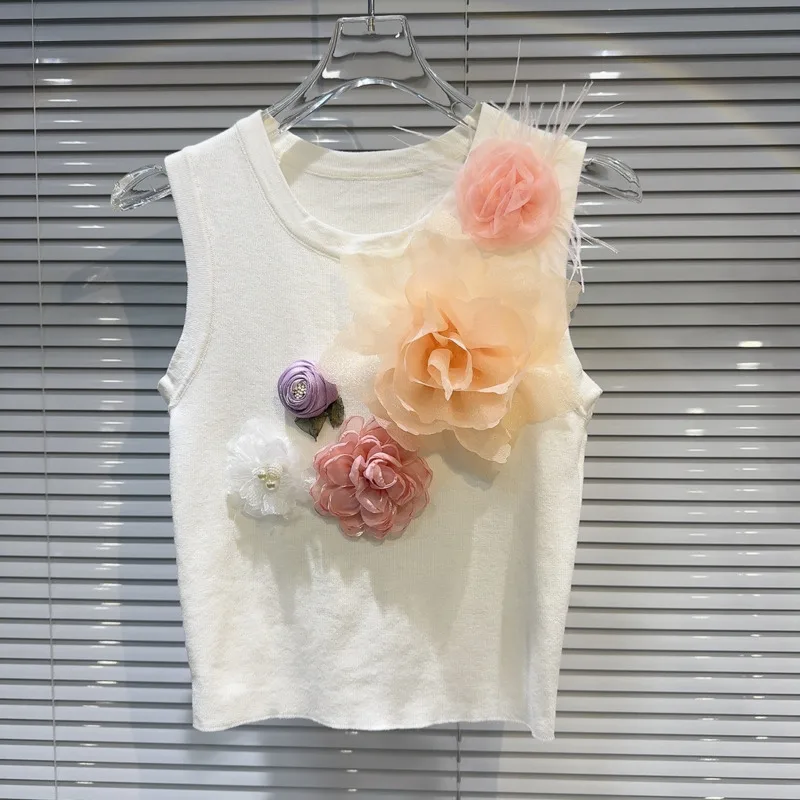 

BORVEMAYS Colours Flower Decorate Knitting Tank Tops O Neck Sleeveless Patchwork Summer New Stretch Casual Vest Women WZ8795