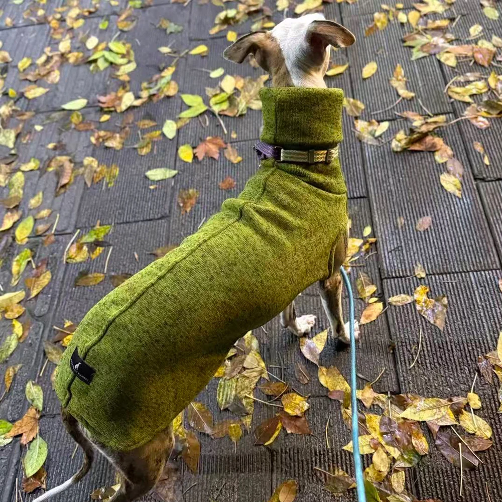 Dickes grünes Fleece-Sweatshirt für Whippet-Hunde im Winter. Warmer 2-beiniger Ärmel-Kopfwärmemantel mit hohem Kragen für italienischen Windhund – Detail 5