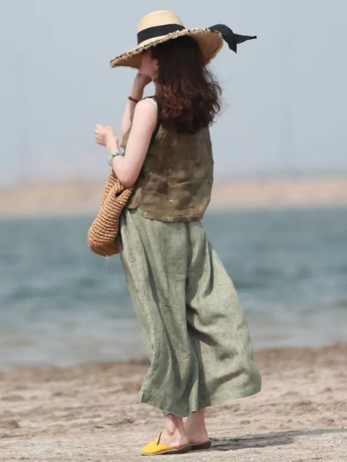 plus Size Women's Slimming Cotton Linen Wide Leg Pants High Waist Nine Point Thin Model Casual Trousers for Young Mothers