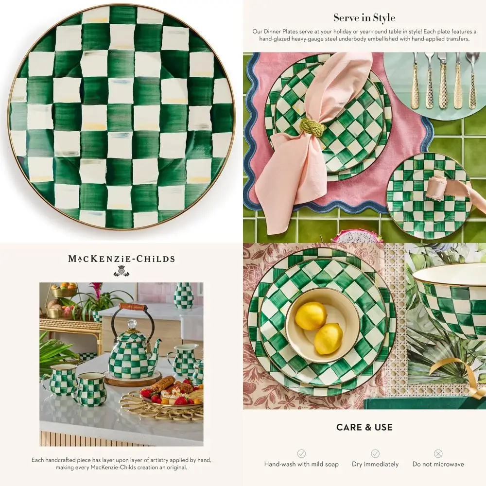 

Mackenzie-Childs 10-Inch Green and White Emerald Check Enamel Dinner Plate, Decorative Dinnerware