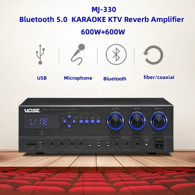 MJ-330 Bluetooth 5.0 600W * 2 Stereo HIFI Stage Home KARAOKE KTV Reverb Amplificatore audio con ingresso microfono coassiale in fibra USB