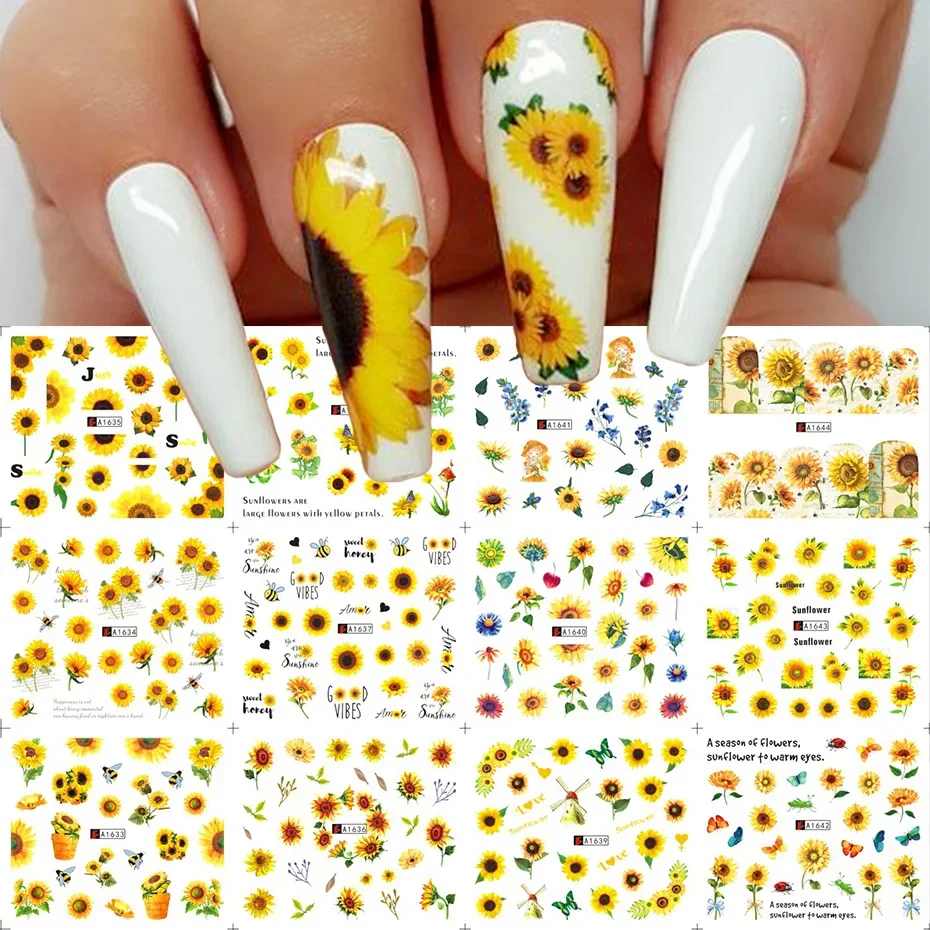 12pcs Nail Stickers Sunflowers Cherry Blossoms Butterfly Daisy Water Transfer Decal Leaf Nail Design Manicure Decor SAA1633-1644